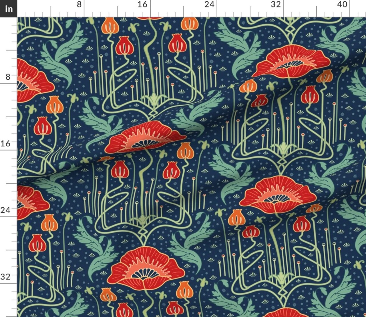 Art Nouveau Whimsical Floral Vintage Inspired Red Poppies Luxe Deco Custom Printed Fabric by Spoonflower Various Fabrics by the Yard or Fat Quarter